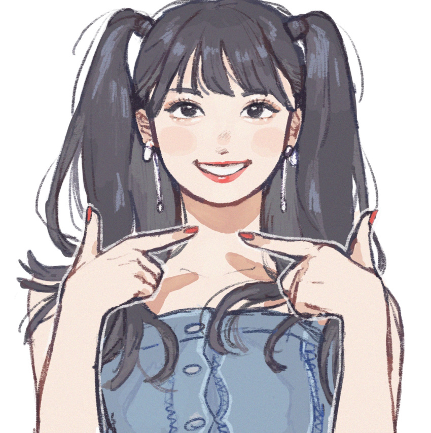 1girl, bare_shoulders, blush, brown_eyes, collarbone, commentary, denim_shirt, earrings
