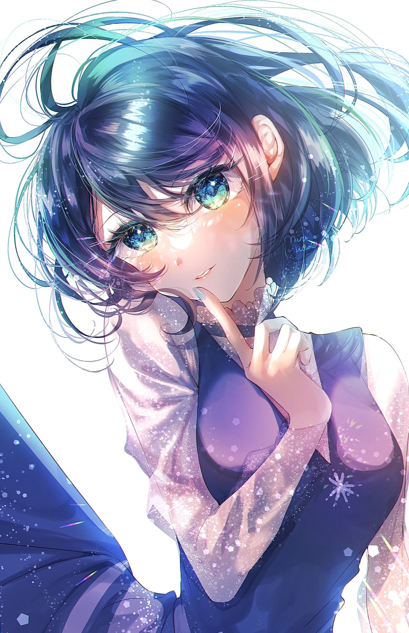 1girl, blue_dress, blue_eyes, blue_hair, blue_nails, blush, breasts, commentary_request