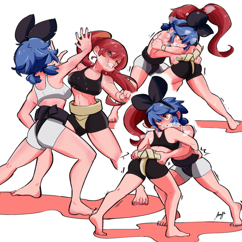 2girls, amazu_(kurozu), bare_shoulders, barefoot, black_shirt, blue_hair, dif_(difman), highres