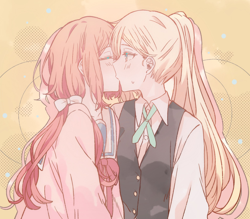 2girls, blonde_hair, blush, bow, closed_eyes, commentary, fuwa_aya, hair_bow, highres, kiss, kousaka_0v0, long_hair, low_ponytail, multiple_girls, onna_doushi_toka_arienai_desho_to_iiharu_onnanoko_wo_hyakunichikan_de_tetteiteki_ni_otosu_yuri_no_ohanashi, red_ribbon, redhead, ribbon, sakakibara_marika, school_uniform, sweatdrop, twintails, upper_body, yuri