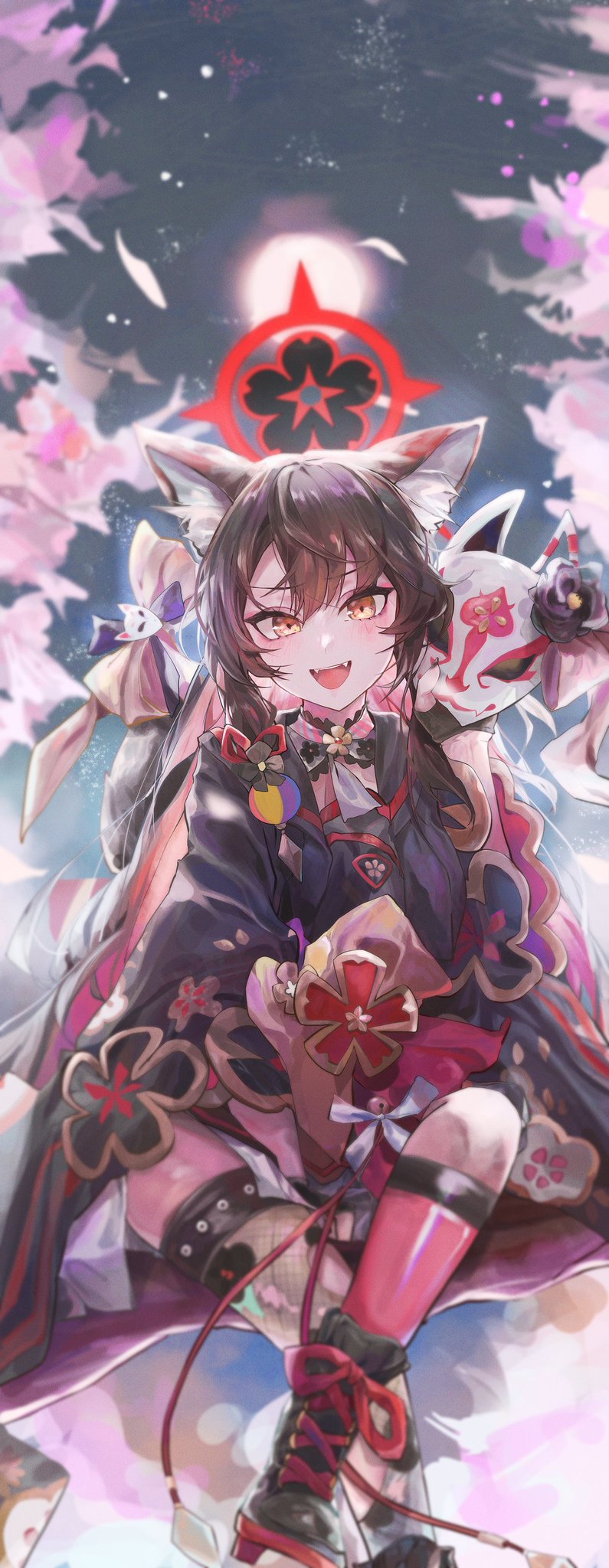 1girl, animal_ears, black_serafuku, blanc1771, blue_archive, brown_hair, fox_ears, fox_mask