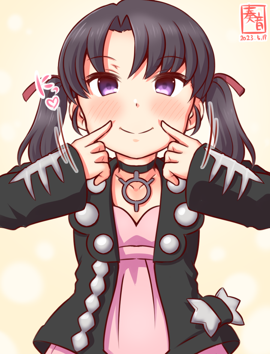 1girl, artist_logo, black_choker, black_hair, black_jacket, choker, cosplay, dated