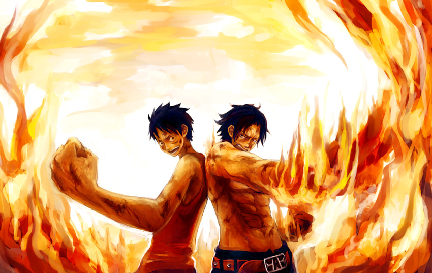 back-to-back, bad_id, belt, blue_hair, brothers, bruise, clenched_hand, fiery_background