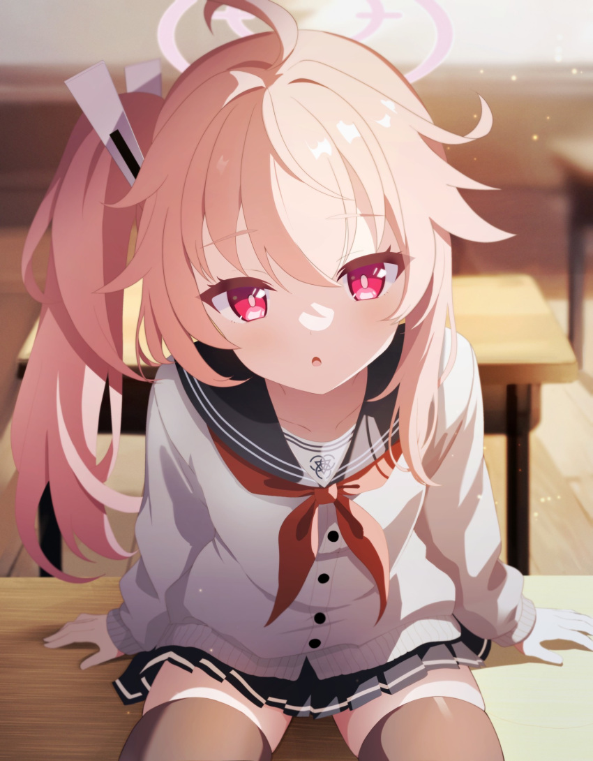 1girl, ahoge, akiyuki_nagi, black_skirt, black_thighhighs, blue_archive, cardigan, classroom