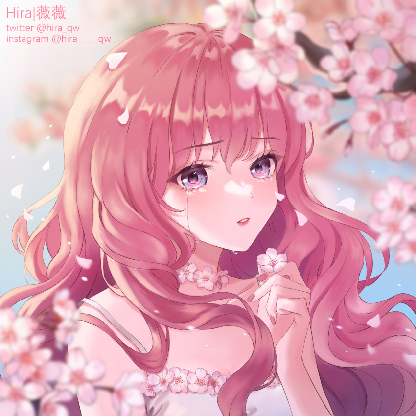 1girl, absurdres, artist_name, cherry_blossoms, crying, dress, falling_petals, highres
