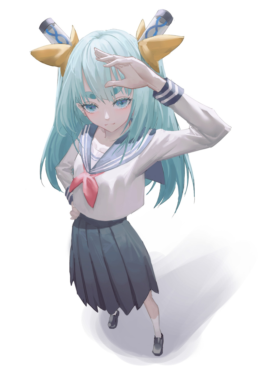 1girl, :3, absurdres, acfun, arm_up, black_footwear, blue_sailor_collar, blue_skirt