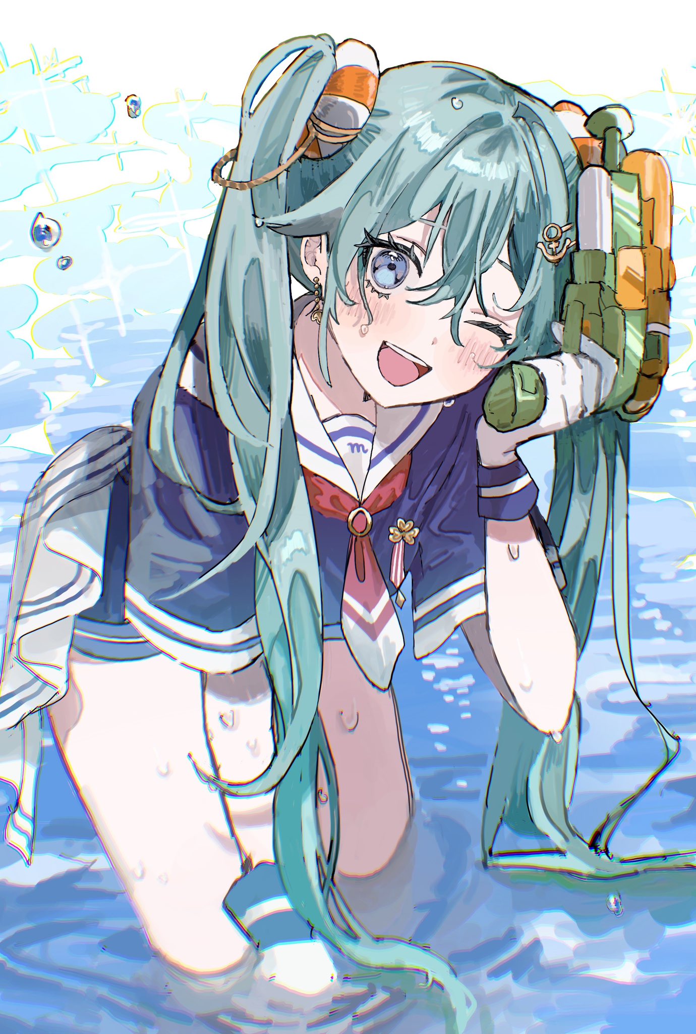 1girl, aqua_hair, bent_over, blue_eyes, blue_shirt, blush, commentary, dangle_earrings