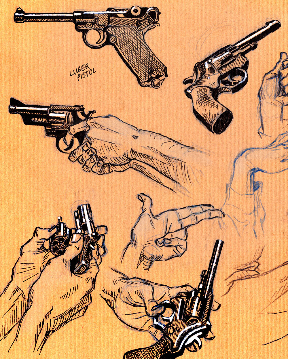 amandajespersenholm, ballpoint_pen_(medium), commentary, disembodied_limb, english_commentary, finger_gun, finger_on_trigger, fingernails, gun, hand_focus, handgun, highres, holding, holding_gun, holding_weapon, light_brown_background, limited_palette, lineart, long_sleeves, luger_p08, no_humans, open_cylinder_(revolver), original, revolver, sketch, smith_&amp;_wesson_model_36, traditional_media, variations, weapon, weapon_focus, weapon_name