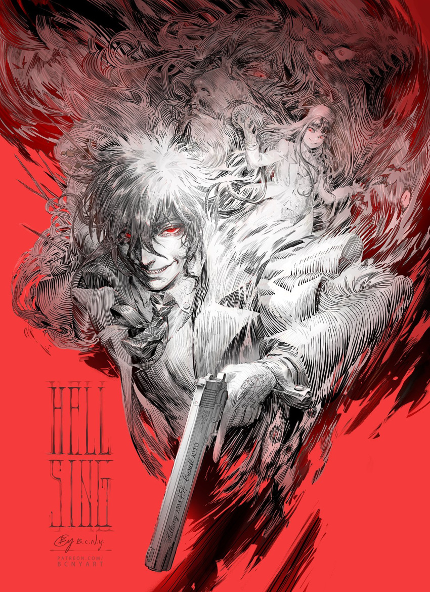 1girl, 2boys, alucard_(hellsing), b.c.n.y., beard, black_hair, cape, facial_hair
