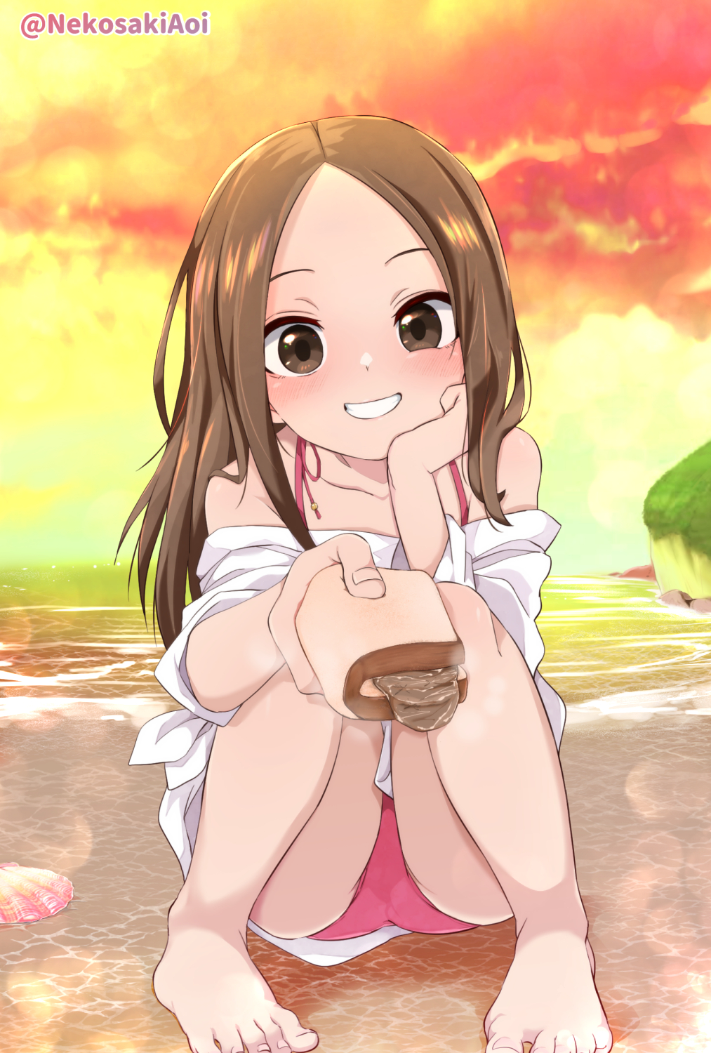 1girl, barefoot, beach, bikini, brown_eyes, brown_hair, forehead, full_body