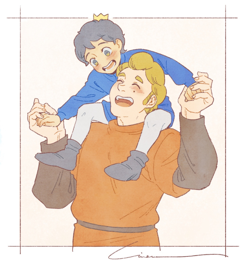 2boys, ^_^, black_hair, blonde_hair, blue_shirt, blue_tunic, blush, bojji