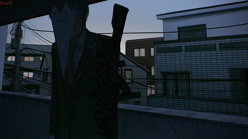 1boy, apartment, arm_cannon, arms_at_sides, assault_rifle, balcony, black_jacket, blazer, blue_sky, building, chainsaw_man, city, collared_shirt, commentary_request, covered_face, emoticon, gun, hasyage, highres, jacket, kenmochi_touya, long_sleeves, male_focus, mask, morning, muted_color, necktie, nijisanji, outdoors, parody, plaid_necktie, red_necktie, rifle, scene_reference, shirt, sky, smile, solo, standing, twitter_username, virtual_youtuber, weapon, white_shirt