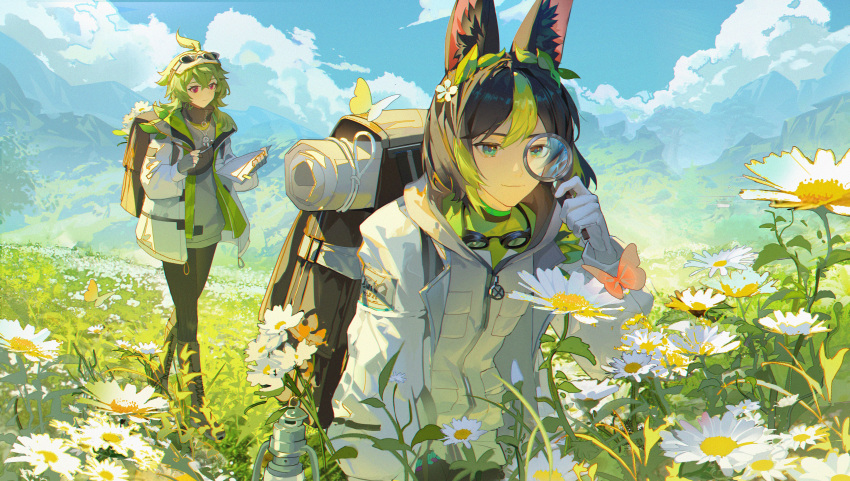 1boy, 1girl, absurdres, ahoge, animal_ear_fluff, animal_ears, backpack, bag