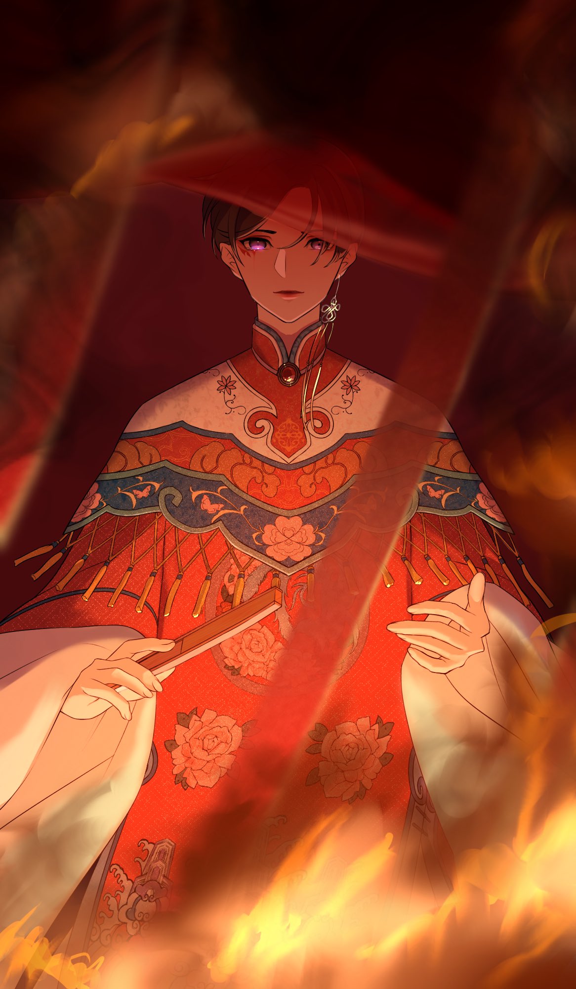 1_hcs, 1boy, blurry, blurry_foreground, clothing_request, earrings, fire, floral_print, folding_fan, hand_fan, highres, holding, holding_fan, jewelry, lipstick, looking_at_viewer, makeup, male_focus, shining_nikki, solo, violet_eyes, wide_sleeves