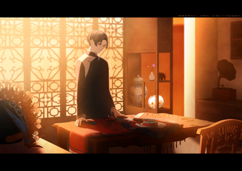 1_hcs, 1boy, absurdres, artist_name, black_shirt, chair, clothing_request, dated, flower, highres, indoors, letterboxed, long_sleeves, male_focus, phonograph, shelf, shining_nikki, shirt, short_hair, solo, standing, table, vase, violet_eyes, watermark, window