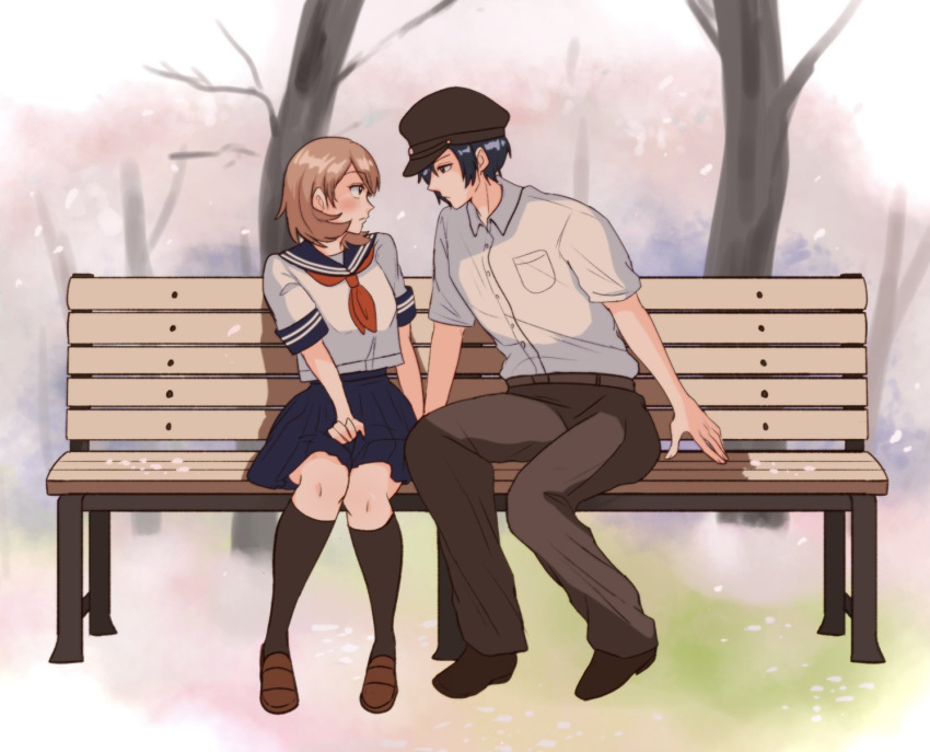 1boy, 1girl, alternate_costume, bench, blue_hair, blue_sailor_collar, blue_skirt, blurry