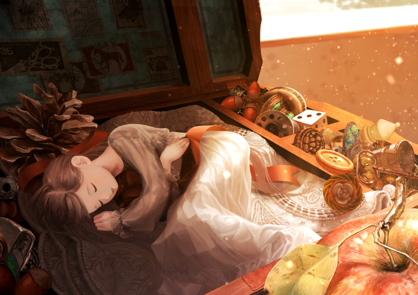 1_hcs, 1girl, absurdres, acorn, apple, autumn, brown_hair, buttons