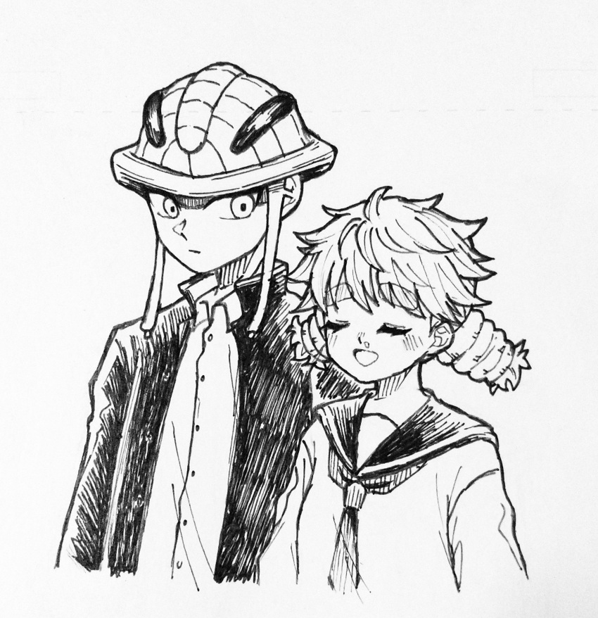 1boy, 1girl, arthropod_boy, black_jacket, blind, closed_eyes, collared_shirt, highres