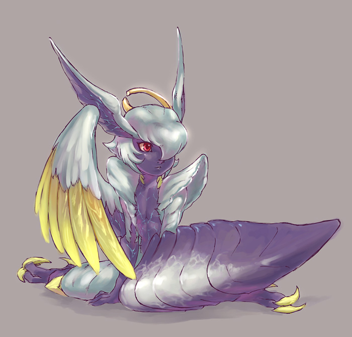 angelo_credo, credo, devil_may_cry, devil_may_cry_4, genderswap, halo, purple_skin, red_eyes