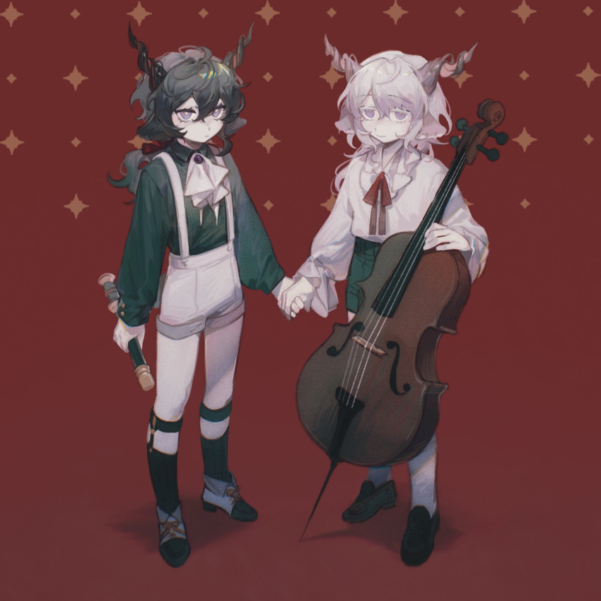 2boys, aged_down, animal_ears, arknights, ascot, black_footwear, black_hair, black_shirt