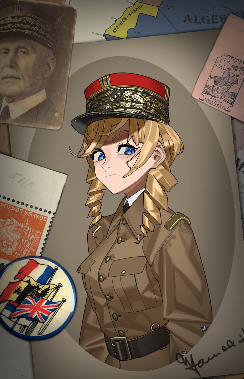 1girl, :/, absurdres, africa, belgian_flag, belt, blonde_hair, blue_eyes