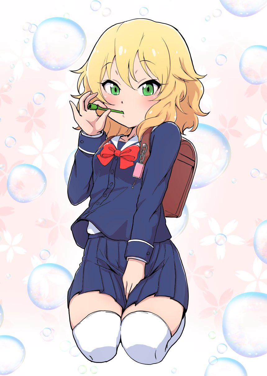 1girl, backpack, bad_id, bad_twitter_id, bag, beika1677, blonde_hair, blue_shirt