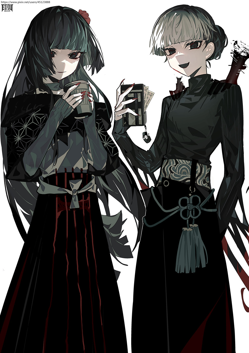 2girls, absurdres, alternate_costume, black_eyes, black_hair, black_shirt, black_skirt, coffee