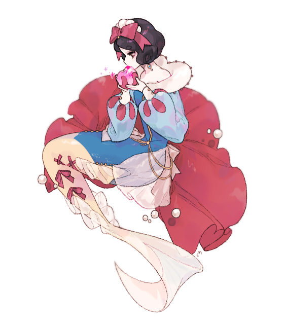1girl, apple, bare_shoulders, black_hair, blue_dress, bow, bubble, chain, corset_piercing, disney, dress, earrings, food, fruit, gem, hair_bow, jewelry, kiss, long_sleeves, mermaid, monster_girl, pearl_(gemstone), piercing, poisoned, puffy_long_sleeves, puffy_sleeves, red_bow, red_ribbon, ribbon, short_hair, simple_background, snow_white, snow_white_(disney), snow_white_and_the_seven_dwarfs_(disney), solo, tail, tail_ornament, tail_piercing, u_emper, white_background