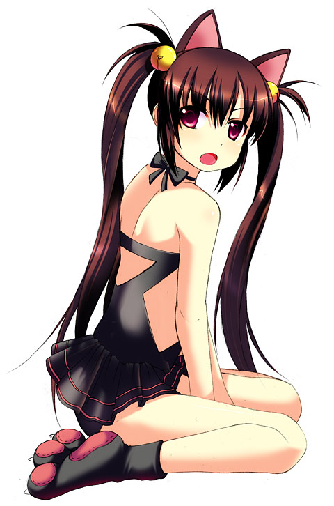 1girl, bell, between_thighs, black_panties, blush, brown_hair, casual_one-piece_swimsuit, cat_ears, eyebrows_visible_through_hair, female, frilled_swimsuit, frills, hair_bell, hair_ornament, halterneck, kooh, kyoku_tou, loli, long_hair, nekomimi, one-piece_swimsuit, open_mouth, oversized_paw_gloves, pangya, panties, paws, red_eyes, simple_background, sitting, skirt, solo, swimsuit, twintails, wariza, white_background