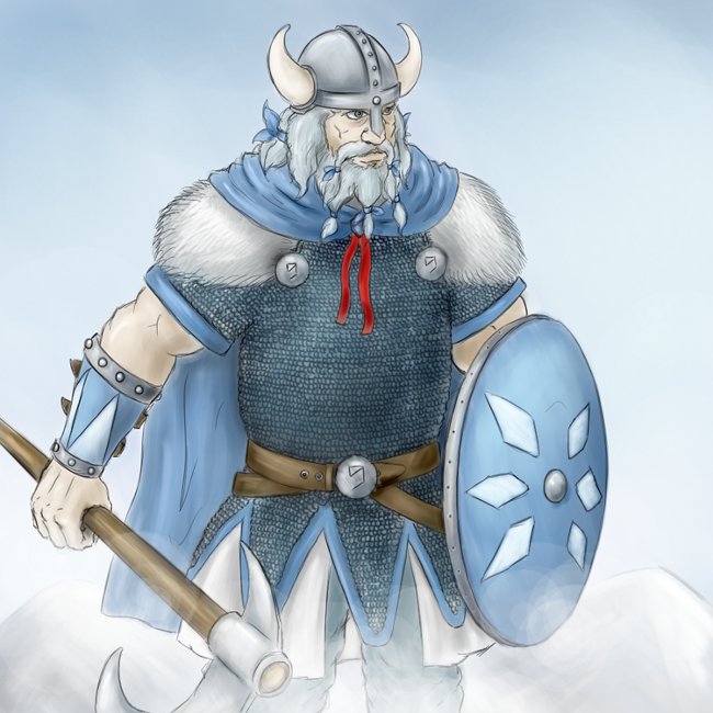 artist_request, axe, beard, belt, cape, cirno, facial_hair, genderswap, helmet, horns, male, parody, shield, source_request, touhou, viking, warrior, weapon, ⑨
