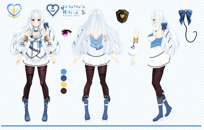 1girl, anastasia_white, blue_ribbon, hair_ornament, heart, horns, logo, long_hair