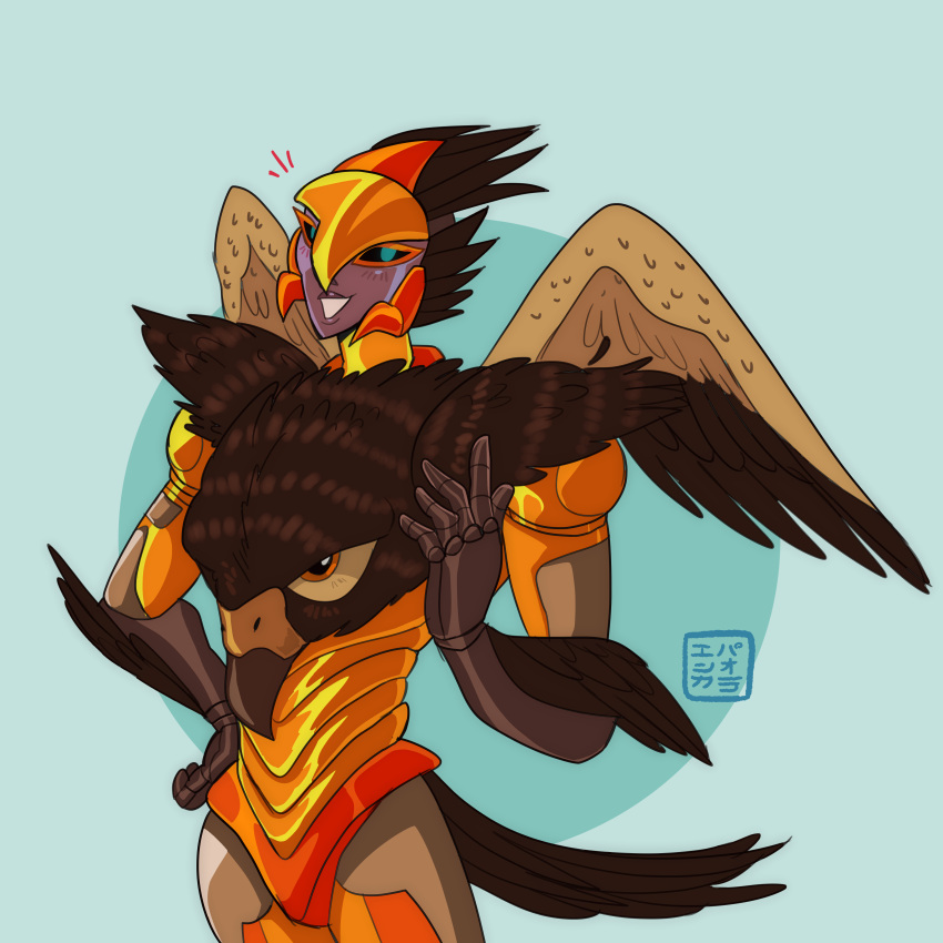 1girl, absurdres, airazor, armor, beast_wars, feathered_wings, feathers, green_eyes