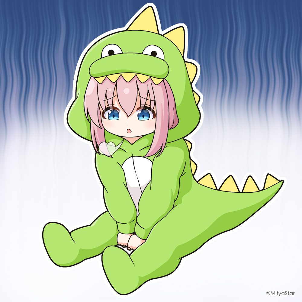 1girl, :o, between_legs, blue_eyes, bocchi_the_rock!, commentary_request, dinosaur_costume, dinosaur_hood