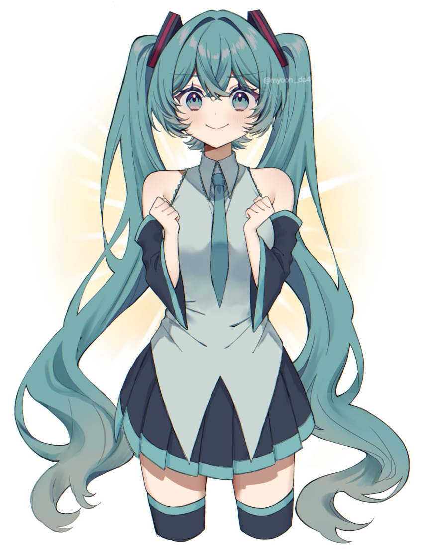 1girl, aqua_eyes, aqua_hair, aqua_necktie, bare_shoulders, black_skirt, black_sleeves, black_thighhighs