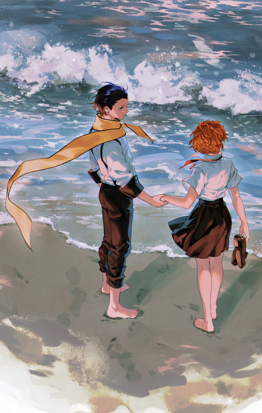 1boy, 1girl, absurdres, barefoot, beach, black_hair, black_pants, black_skirt, brown_footwear, closed_mouth, day, hetero, highres, holding, holding_hands, holding_shoes, mochizuki_ryouji, neekosiah, orange_hair, outdoors, pants, persona, persona_3, persona_3_portable, sand, scarf, shiomi_kotone, shirt, shoes, shoes_removed, short_sleeves, skirt, standing, suspenders, water, white_shirt, yellow_scarf
