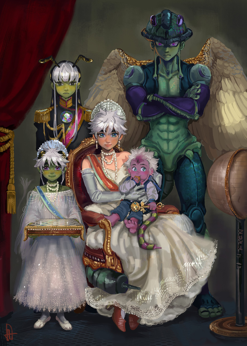2boys, 3girls, abs, absurdres, arthropod_boy, black_hair, blue_eyes, chessboard