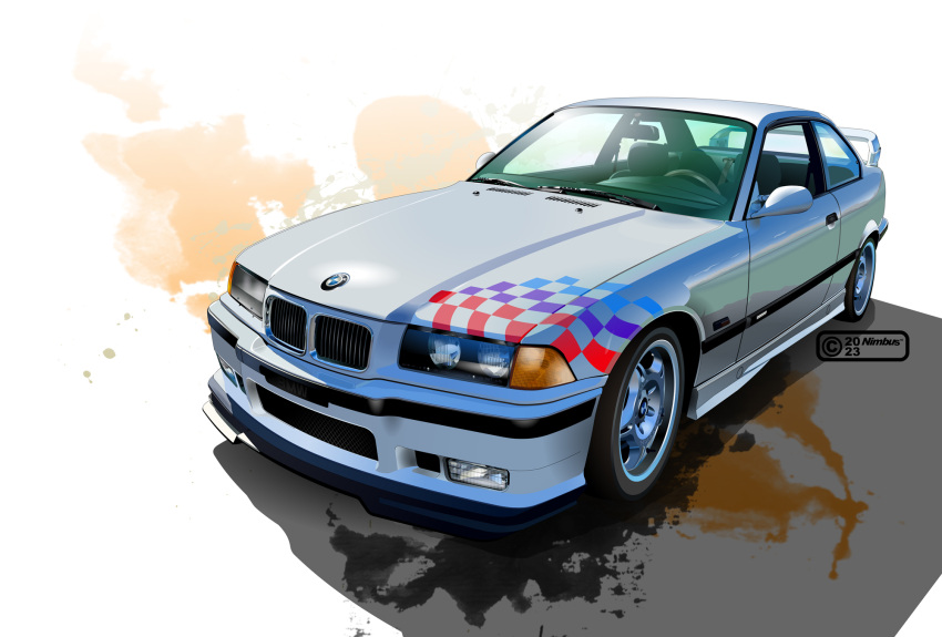 2023, artist_name, bmw, bmw_e36, bmw_m3, car, commentary_request, headlight, highres, left-hand_drive, motor_vehicle, nimbus_goldbrum, no_humans, original, realistic, rear-view_mirror, spoiler_(automobile), steering_wheel, vehicle_focus