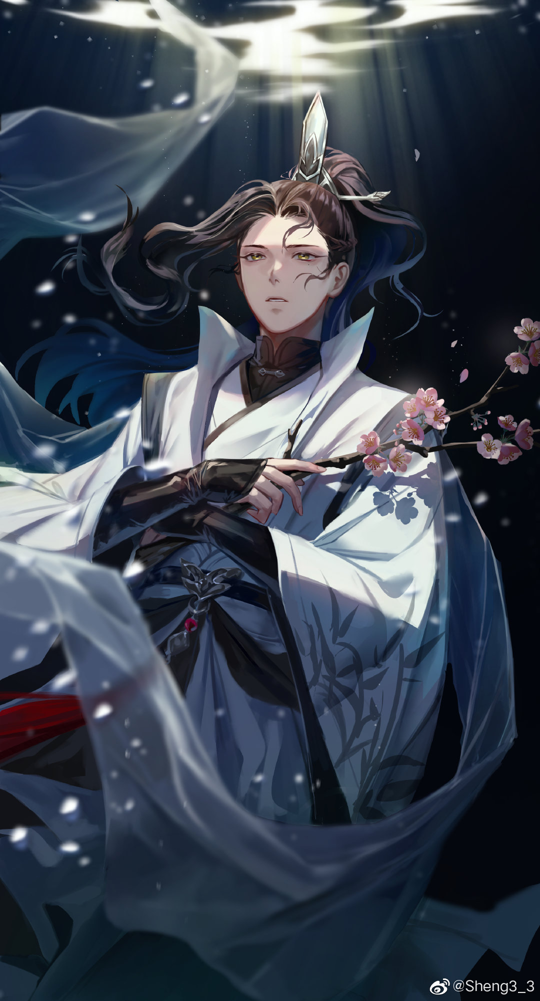 1boy, artist_name, bishounen, black_hair, branch, cherry_blossoms, chinese_clothes, chinese_commentary, commentary_request, expressionless, floating_hair, flower, hair_ornament, hanfu, high_ponytail, highres, holding, holding_branch, light_rays, liu_qingge, long_hair, long_sleeves, male_focus, mole, mole_under_eye, parted_lips, pink_flower, ponytail, ren_zhafan_paijizu_xitong, robe, sheng3_3, solo, tassel, underwater, vambraces, water, weibo_logo, weibo_username, white_robe, wide_sleeves, yellow_eyes