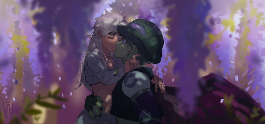 1boy, 1girl, arthropod_boy, blind, blurry, blurry_foreground, closed_eyes, colored_skin