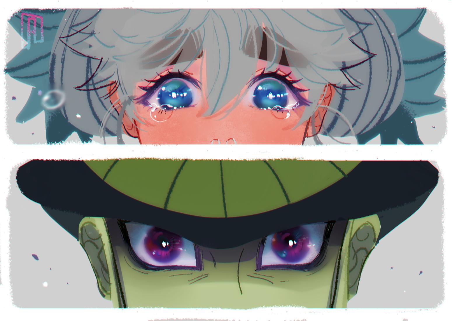 1boy, 1girl, arthropod_boy, blue_eyes, colored_skin, eye_focus, french-unicorn, green_skin, grey_background, grey_hair, hunter_x_hunter, komugi_(hunter_x_hunter), looking_at_viewer, meruem, tears, violet_eyes