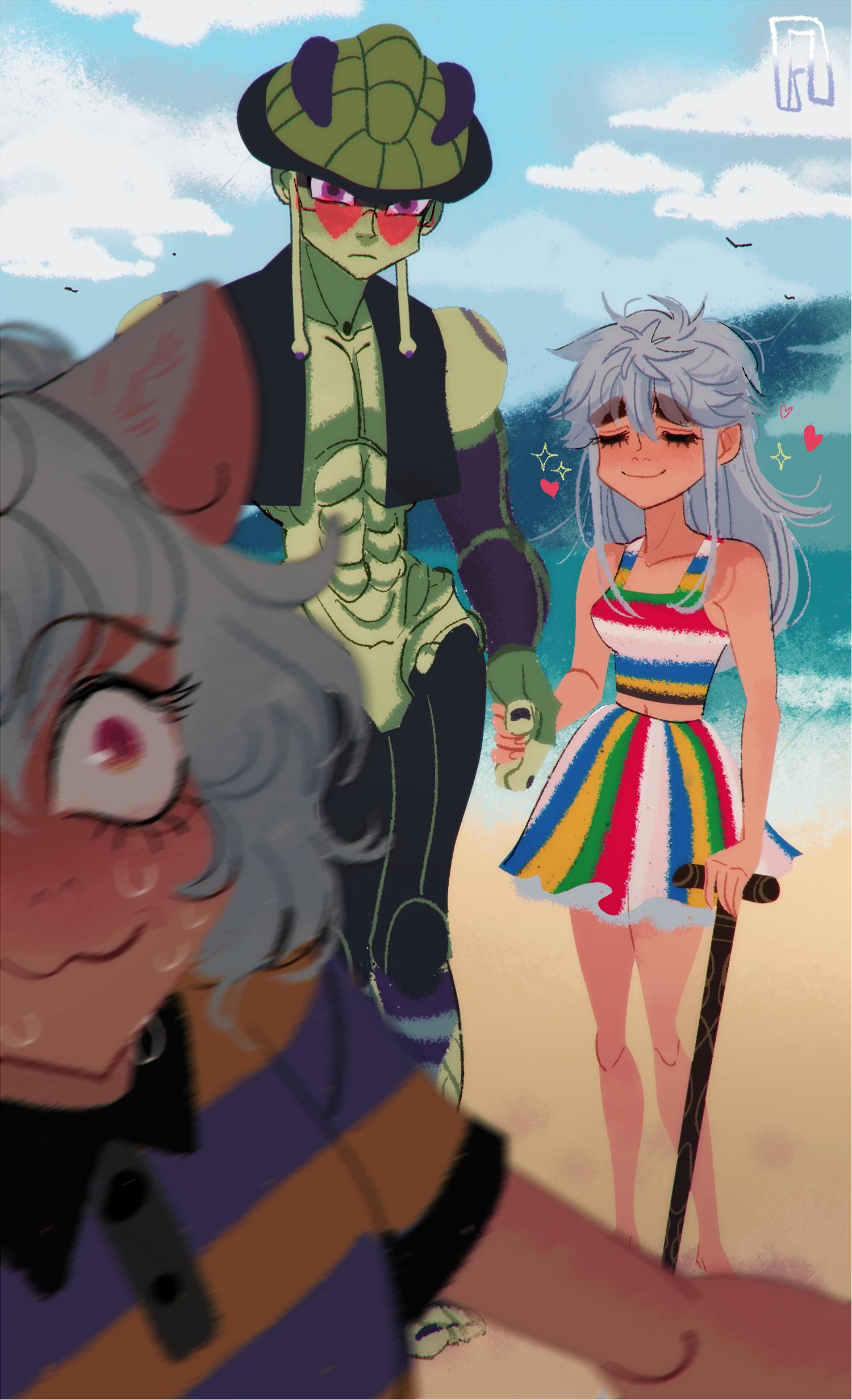 1boy, 2girls, abs, absurdres, animal_ears, arthropod_boy, bare_legs, beach
