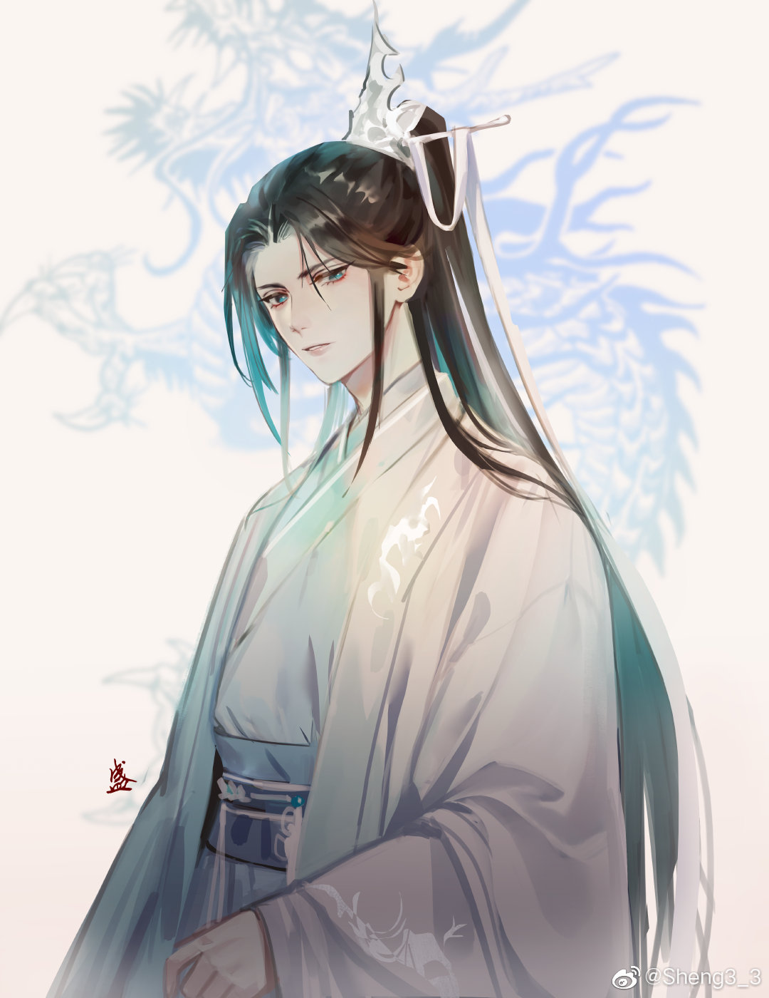 1boy, artist_name, bishounen, black_hair, chinese_clothes, chinese_commentary, commentary_request, expressionless, green_eyes, hair_ornament, hanfu, high_ponytail, highres, long_hair, long_sleeves, looking_at_viewer, male_focus, murong_chuyi, parted_bangs, parted_lips, ponytail, robe, sash, sheng3_3, sidelocks, simple_background, solo, very_long_hair, weibo_logo, weibo_username, white_background, white_robe, wide_sleeves, yuwu
