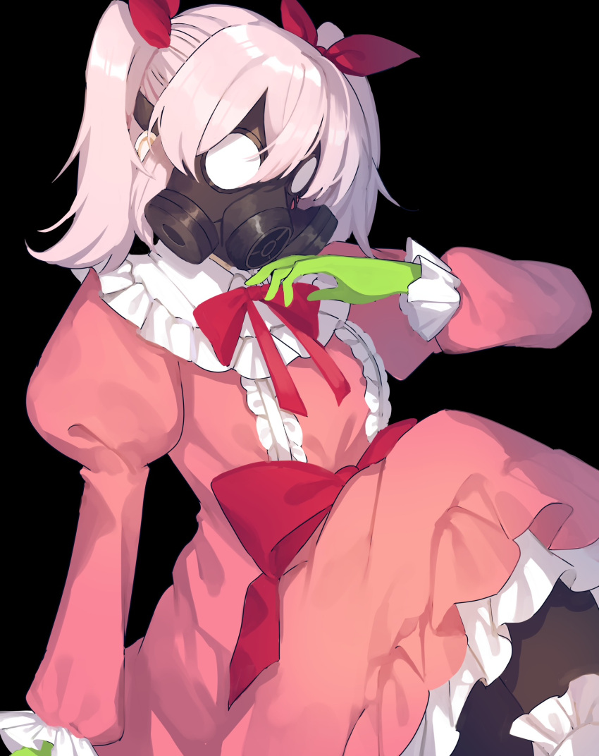 1girl, black_background, bow, dress, full_body, gas_mask, gloves, green_gloves