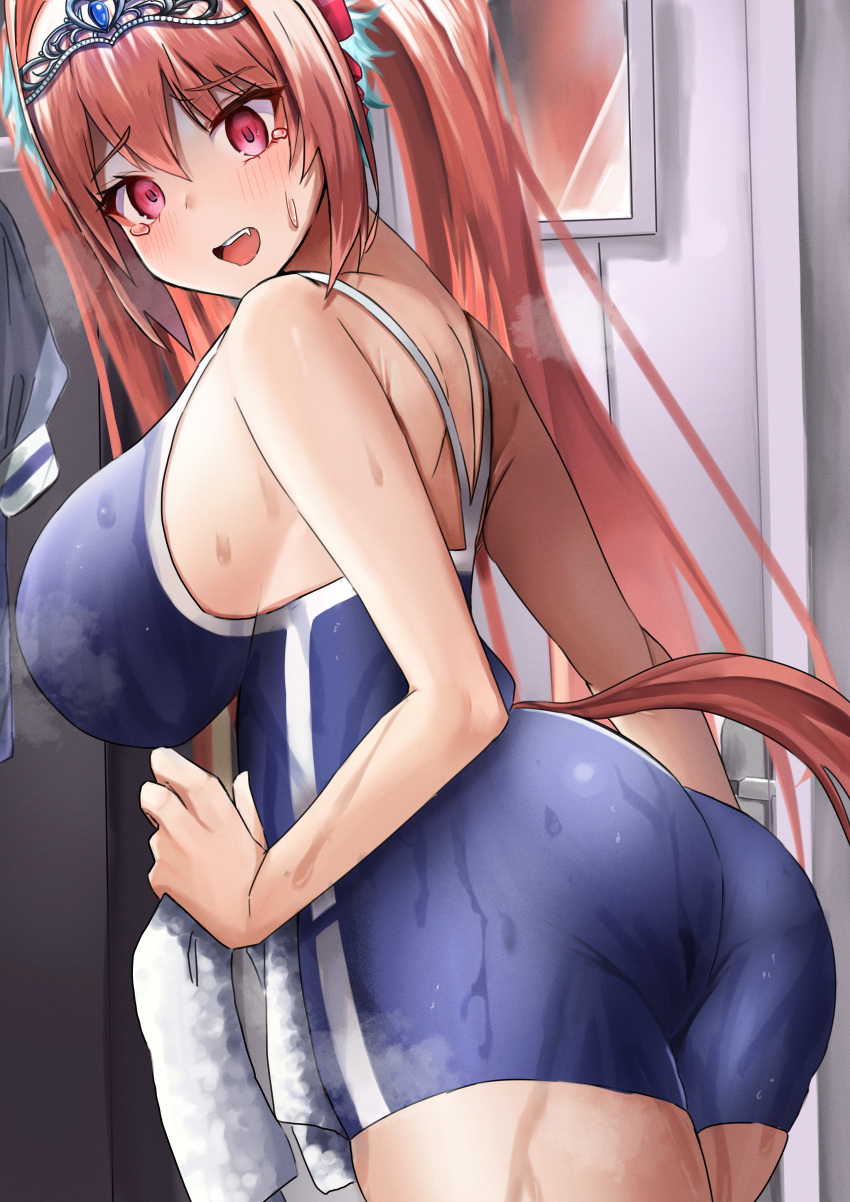 1girl, absurdres, bare_shoulders, blue_one-piece_swimsuit, breasts, brown_hair, daiwa_scarlet_(umamusume), groin