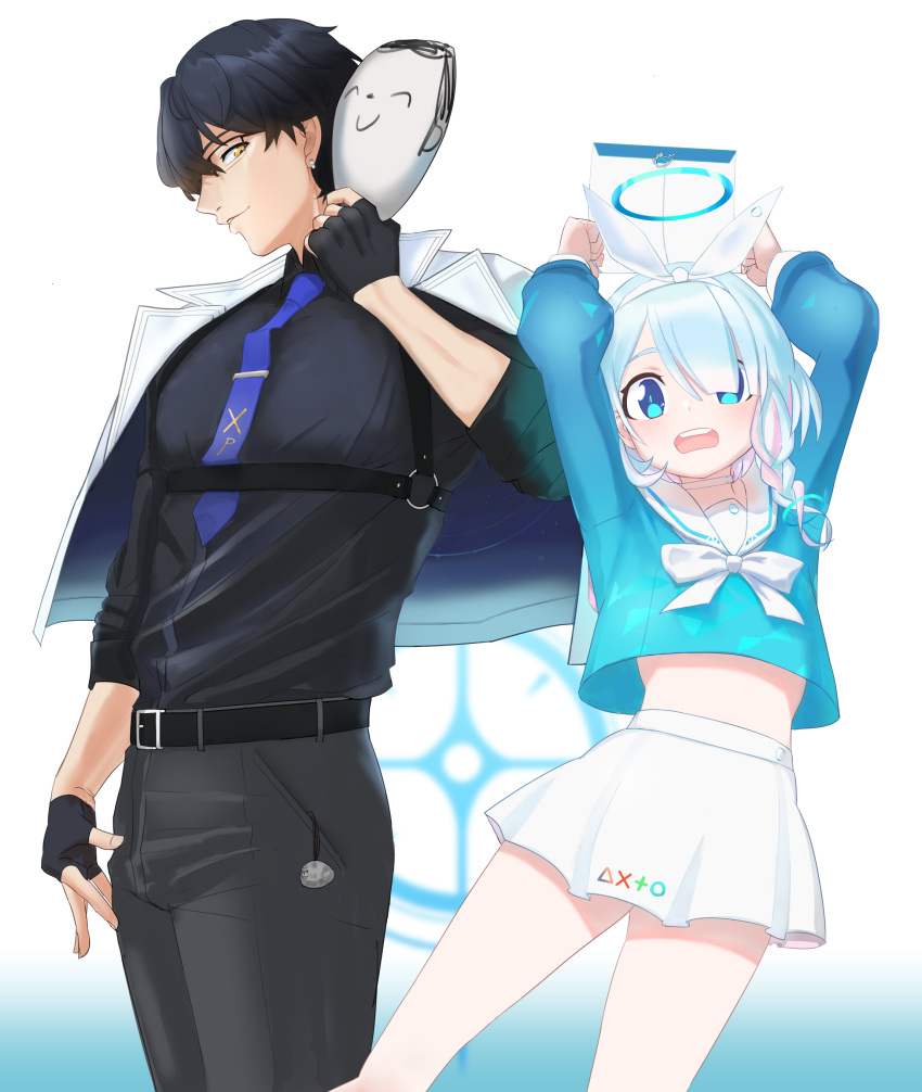 1boy, 1girl, :d, absurdres, aqua_hair, arona's_sensei_doodle_(blue_archive), arona_(blue_archive), bakaking