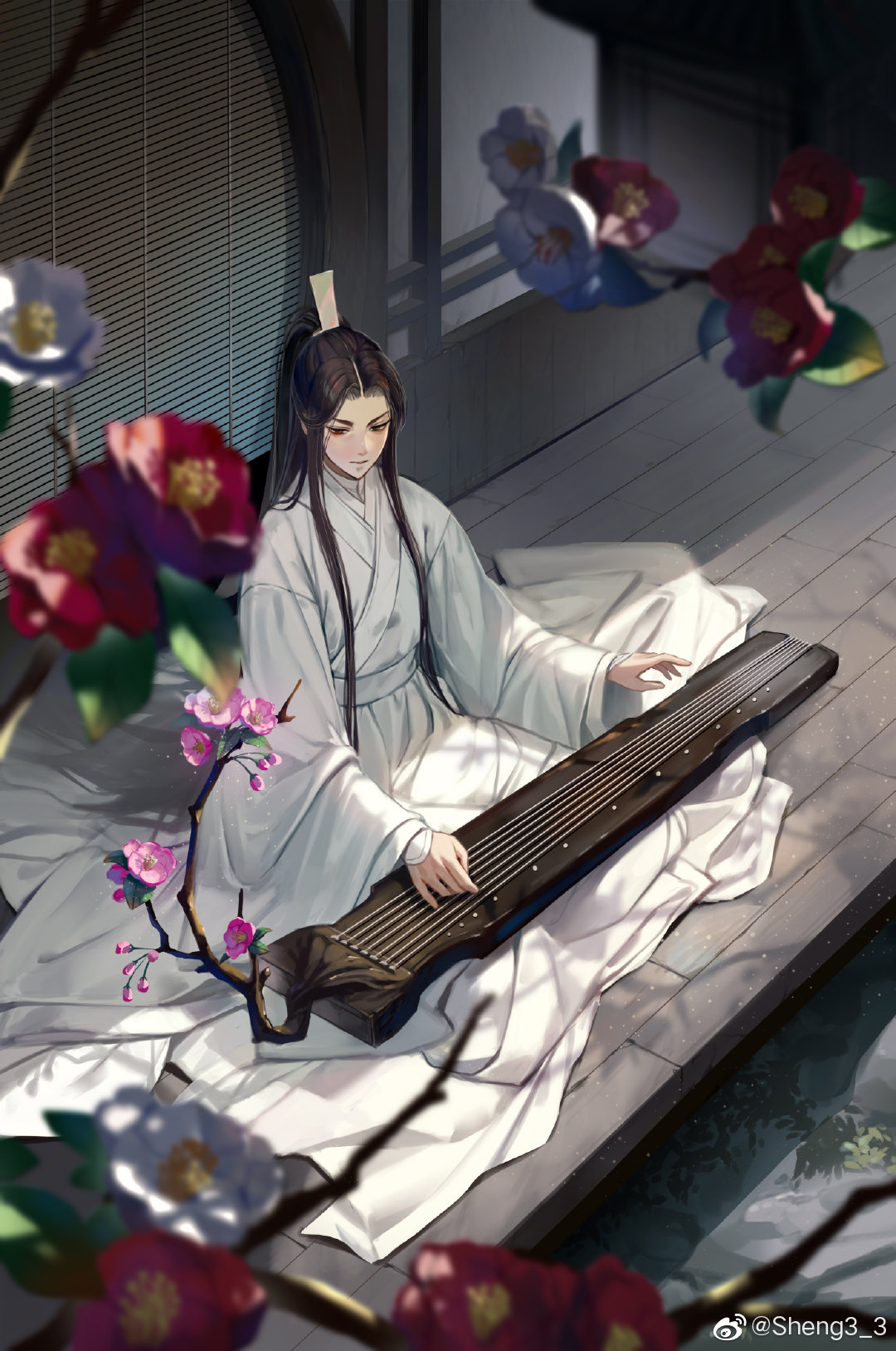1boy, artist_name, bishounen, black_hair, blurry, blurry_foreground, blush, branch