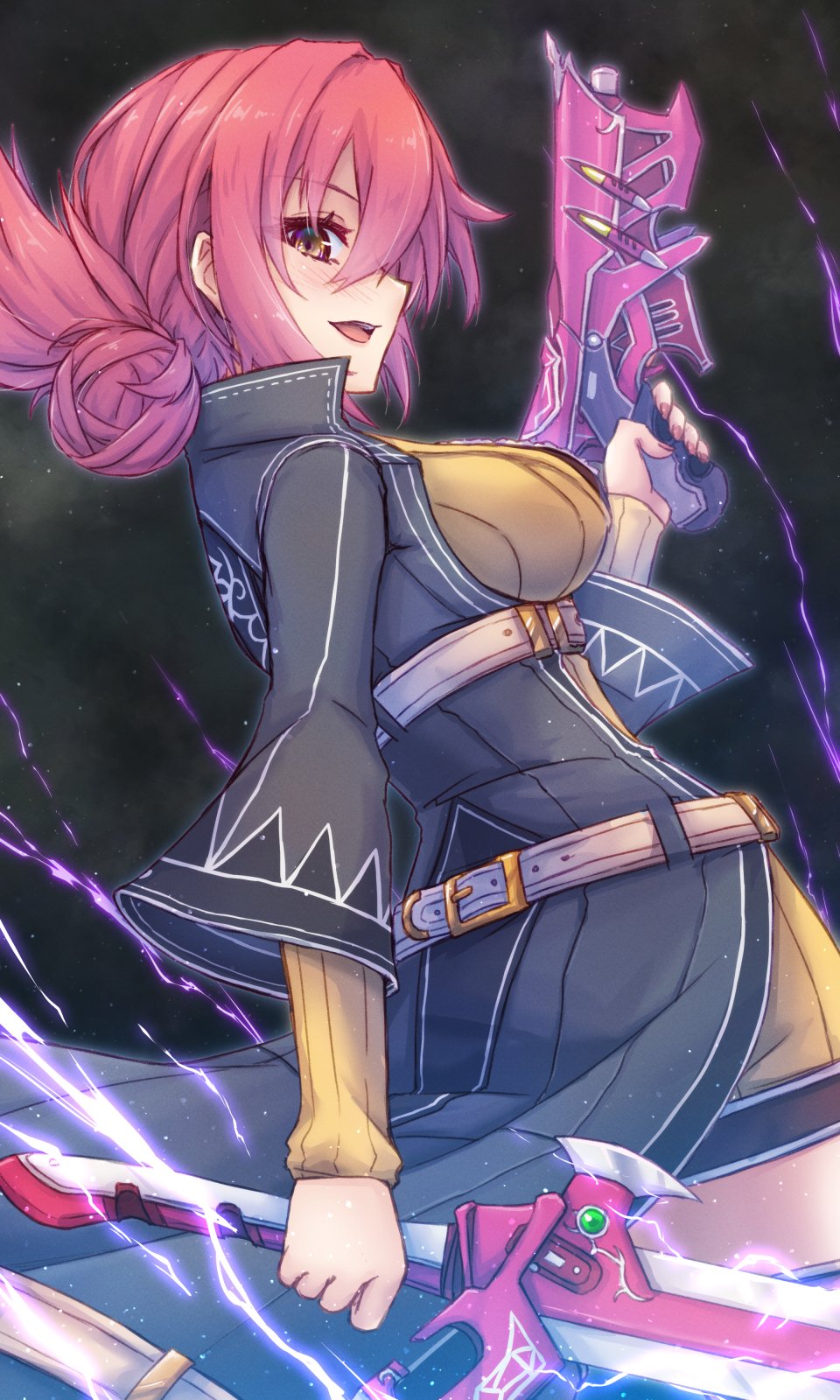 1girl, breasts, brown_eyes, commission, crackling_energy, dual_wielding, eiyuu_densetsu, from_side