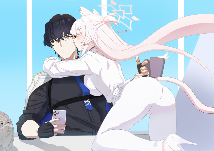 1boy, 1girl, akira_(blue_archive), animal_ear_fluff, animal_ears, ass, bakaking, bent_over