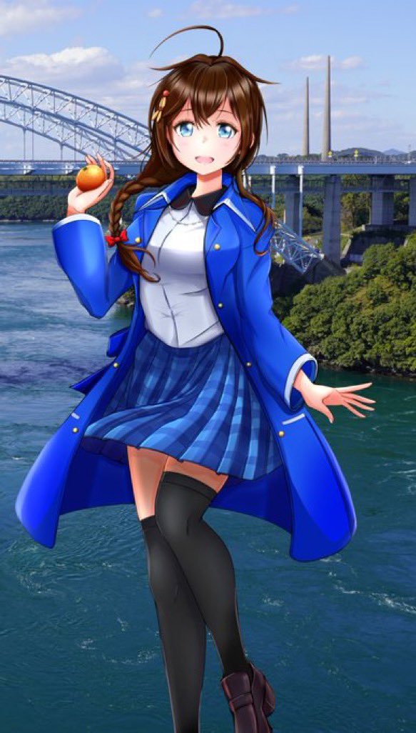 1girl, ahoge, black_hair, black_thighhighs, blue_coat, blue_eyes, blue_skirt, blue_sky