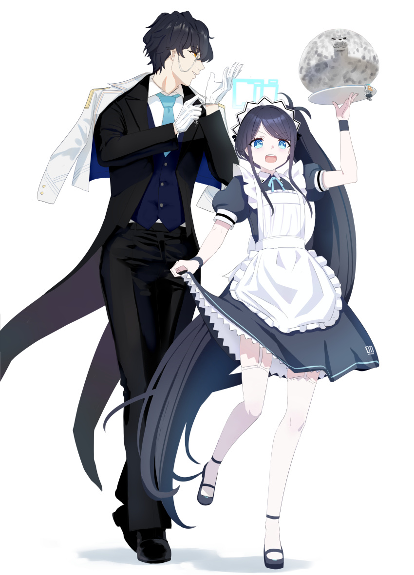 <key>_(robot)_(blue_archive), 1boy, 1girl, absurdly_long_hair, absurdres, adjusting_clothes, adjusting_gloves, anklet, apron, aris_(blue_archive), aris_(maid)_(blue_archive), bakaking, black_hair, black_pants, blazer, blue_archive, blue_bow, blue_bowtie, blue_eyes, blue_necktie, bow, bowtie, butler, clothes_lift, coat, coat_on_shoulders, collared_shirt, commentary_request, forehead, frilled_apron, frills, full_body, garter_straps, gloves, hair_between_eyes, halo, hand_up, height_difference, highres, holding, holding_plate, jacket, jewelry, lifted_by_self, long_hair, long_sleeves, looking_at_another, maid, maid_apron, maid_headdress, mary_janes, monocle, necktie, official_alternate_costume, orange_eyes, pants, parted_bangs, plate, sensei_(blue_archive), shirt, shoes, short_sleeves, side_ponytail, sidelocks, simple_background, skirt, skirt_lift, thigh-highs, very_long_hair, walking, white_apron, white_coat, white_gloves, white_thighhighs, wristband
